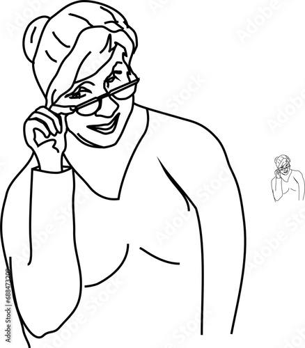 A kind middle-aged woman slyly looks over her glasses. A simple drawing, digital line art