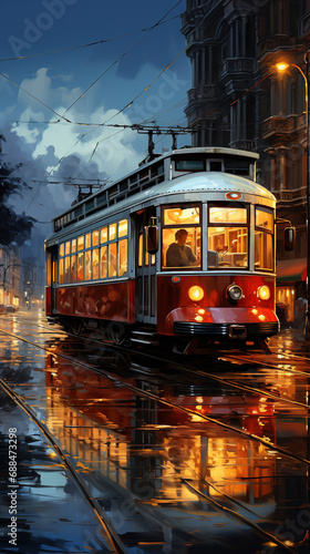 Oil Painting of Red Color Old Tram on Road Cityscape Background