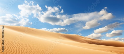 In the midst of the vast golden desert, the abstract pattern of the waving sand creates a mesmerizing background against the blue summer sky. As travelers venture through this stunning landscape, they
