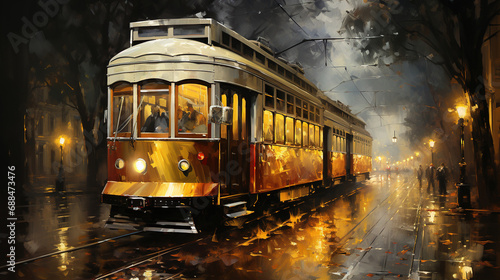 Oil Painting of Yellow Color Old Tram on Road Cityscape Background