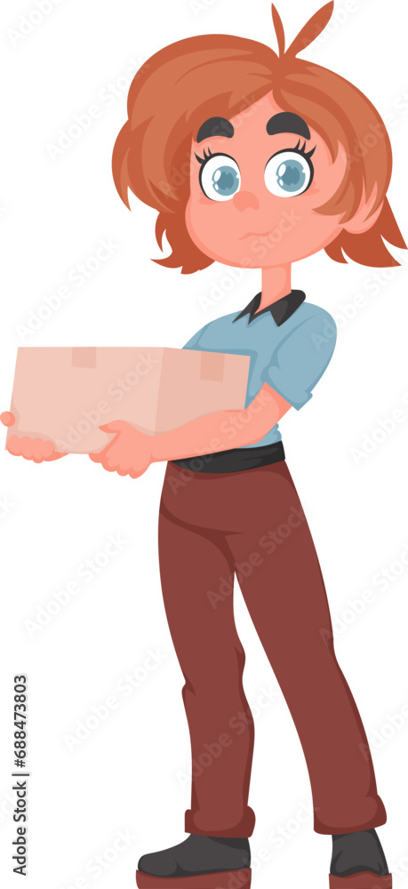 Smiling Delivery Girl with Package in Blue Uniform. Cheerful Female Courier Holding Paper Box. Vector Cartoon Illustration. Smiling Delivery Girl with Package in Blue Uniform. Cheerful Female Courier Holding Paper Box. Vector Cartoon Illustration.