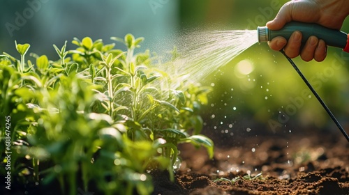 watering plants from hose in garden, closeup