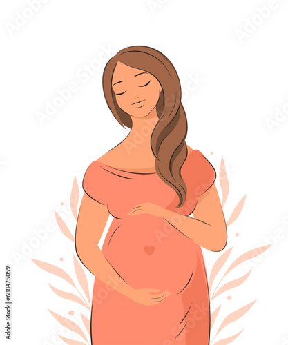 Pregnant woman, future mom, hugging belly with arms. Vector illustration.