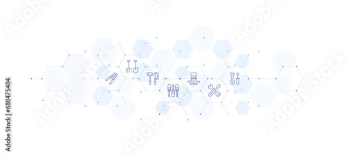 Tools banner vector illustration. Style of icon between. Containing crimpers, router, farming tools, tools, screwdriver. photo
