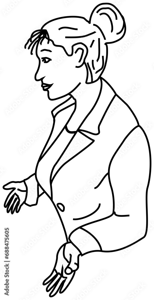 A woman in a business suit showing bewilderment, spreading her hands with open palms. A simple drawing, digital line art
