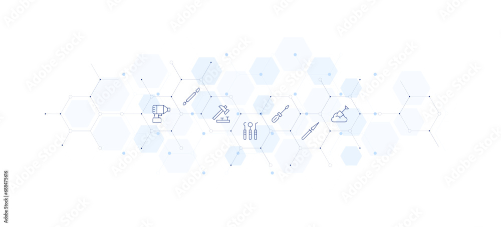 Tools banner vector illustration. Style of icon between. Containing hammer, shovel, tool, driver, screwdriver, dentist.