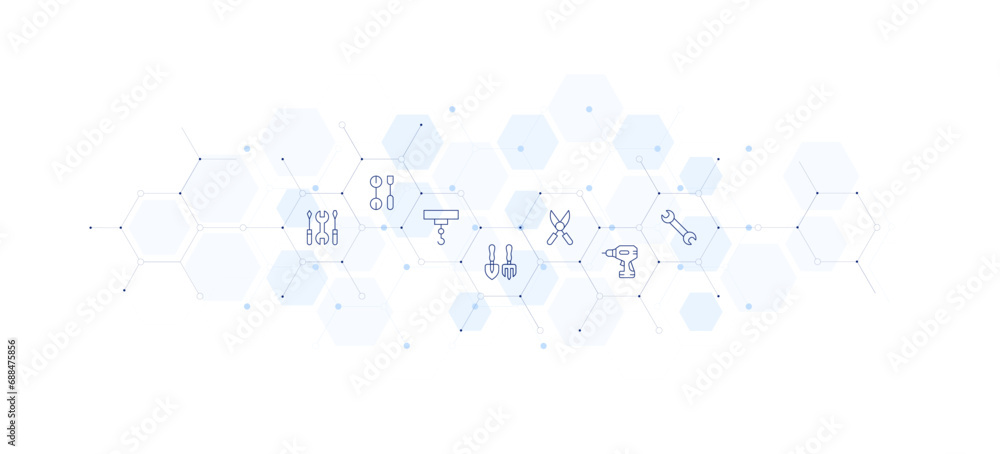 Tools banner vector illustration. Style of icon between. Containing wrench, tools, pruning shears, hook, hammer drill.