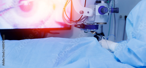 Lasik treatment. Laser vision correction. Doctor examines fundus in microscope, patient under sterile cover.