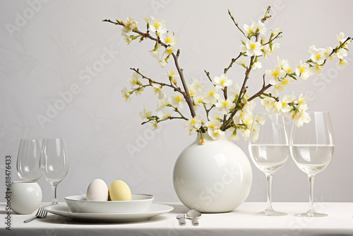 Minimalist Easter table setting with a striking white floral arrangement, simple white plates with eggs, and crystal clear glasses. photo