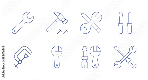 Tools icons. Editable stroke. Containing clamp, hammer, wrench, tools, work tools, screwdriver, repair.