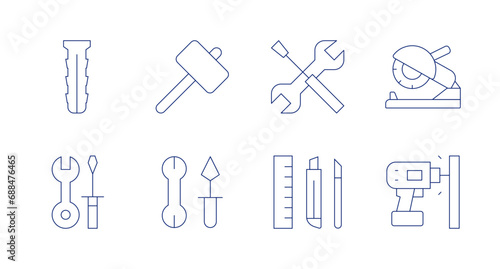 Tools icons. Editable stroke. Containing dowel  settings  hammer  repair  tools and utensils  tools  angle grinder  drill.