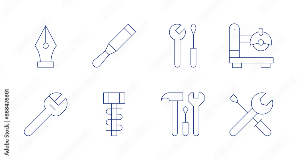 Tools icons. Editable stroke. Containing wrench, spatula, hammer, tools, saw machine, easy installation, pen tool.