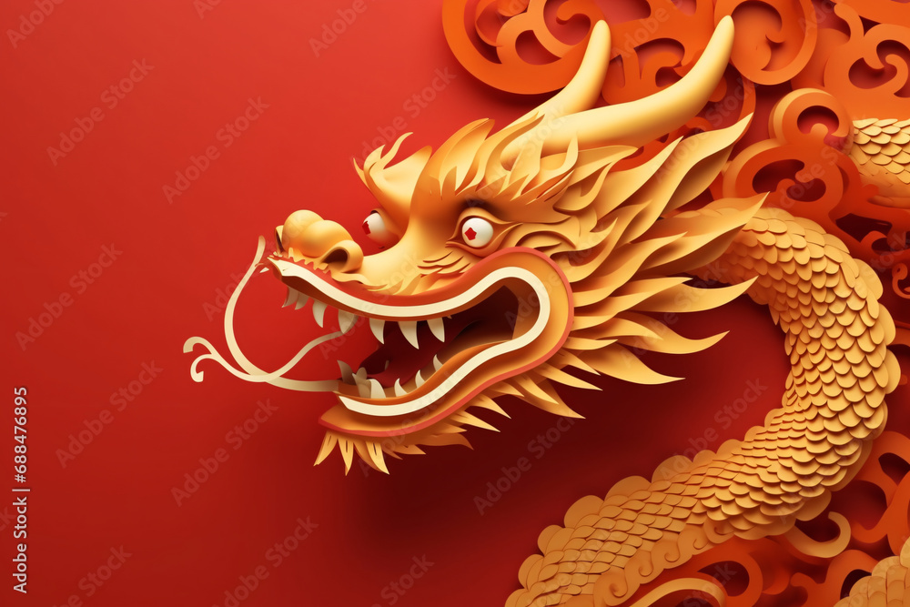Chinese new year festival concept: paper cut golden dragon with isolated red  background, minimalism