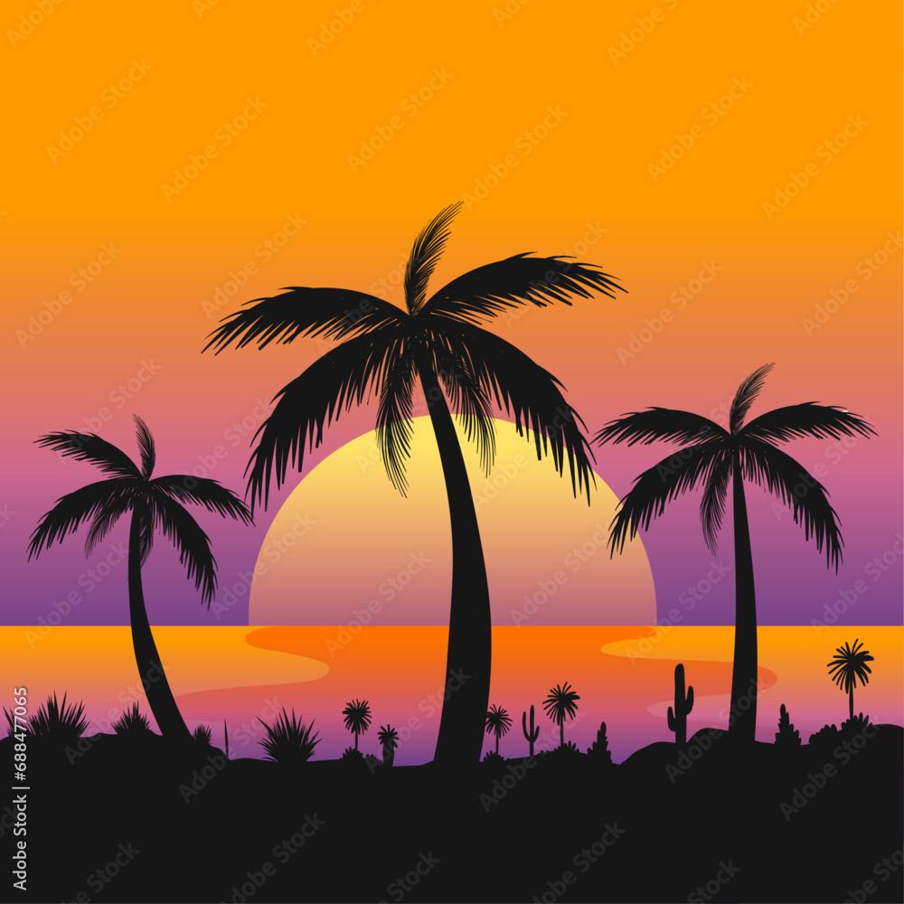 gradient summer beach with sunset landscape background.