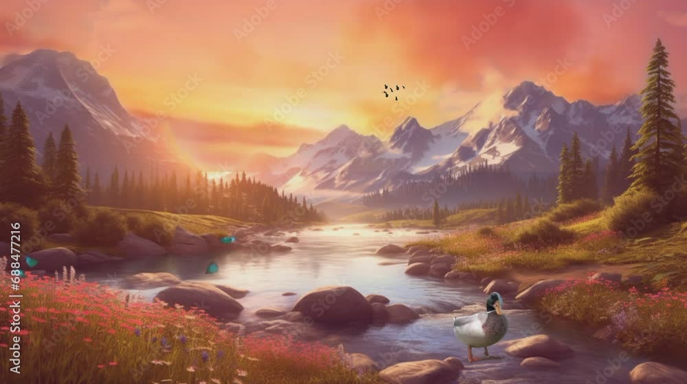 River, mountain and flower field landscape with butterflies, frogs, deer and rabbits. seamless looping time-lapse animation background. Generated AI River, mountain and flower field landscape with butterflies, frogs, deer and rabbits. seamless looping time-lapse animation background. Generated AI