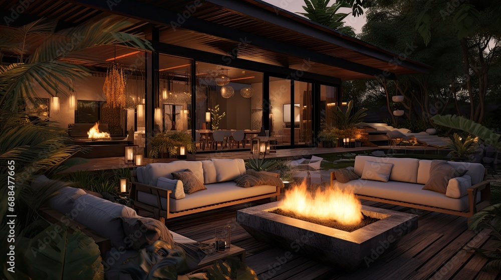 Wooden veranda with a fireplace in the evening. Wood terrace with a campfire. Luxury home exterior design. Wooden veranda with a fireplace in the evening. Wood terrace with a campfire. Luxury home exterior design.