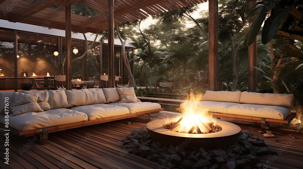 Fototapeta premium Wooden veranda with a fireplace in the evening. Wood terrace with a campfire. Luxury home exterior design. 