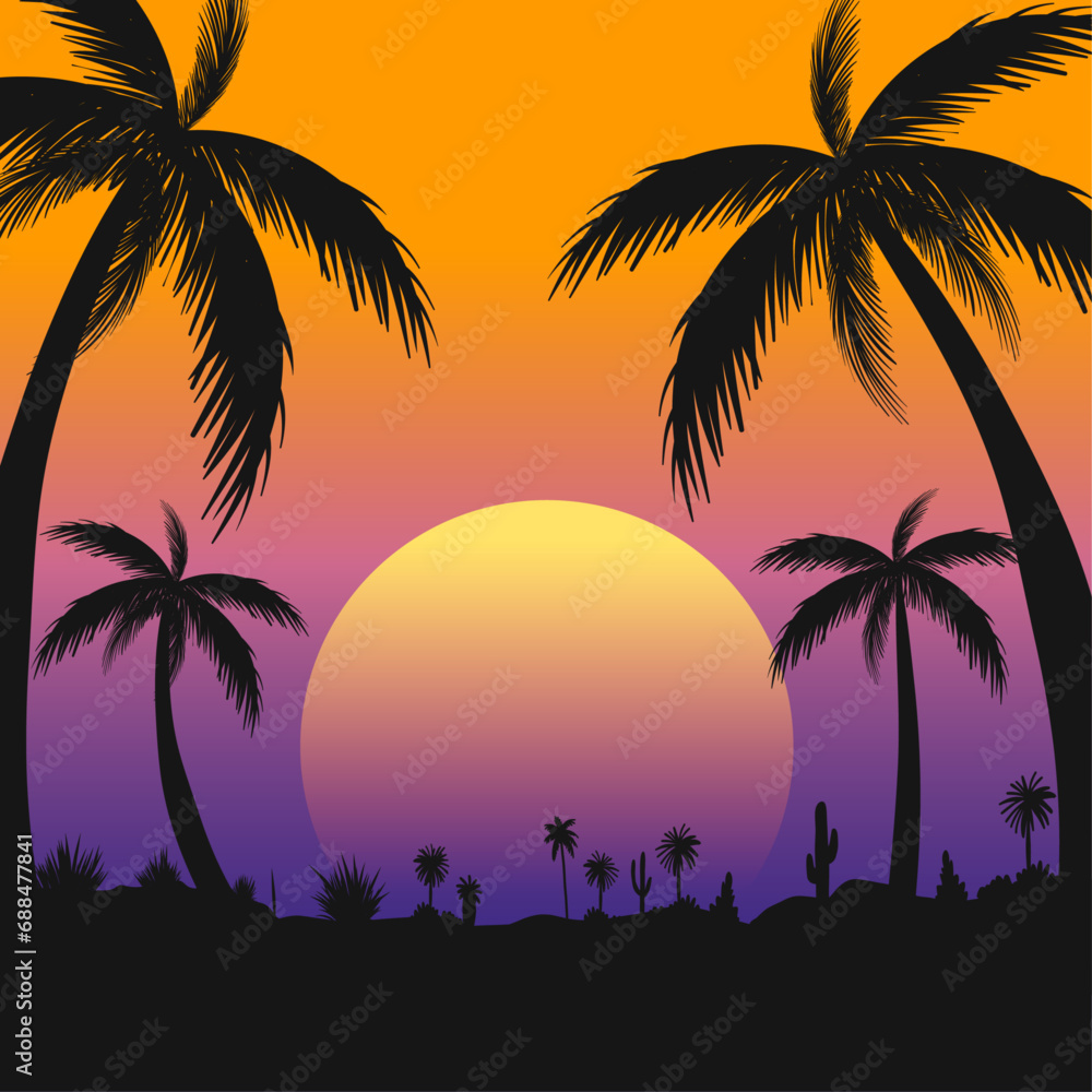 Summer background with palm trees silhouette and sunset