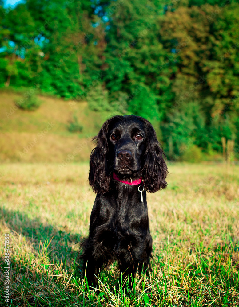 A black cocker spaniel dog is sitting on the lawn. The dog is hunting. A ten-month-old puppy looks straight ahead. The photo is blurred. A black cocker spaniel dog is sitting on the lawn. The dog is hunting. A ten-month-old puppy looks straight ahead. The photo is blurred.