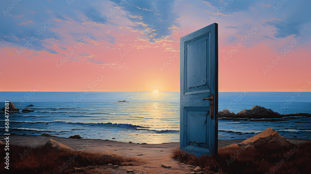 A painting of an open door