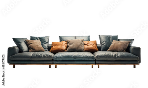 Modern grey sofa with stylish orange accent cushions on a transparent background.