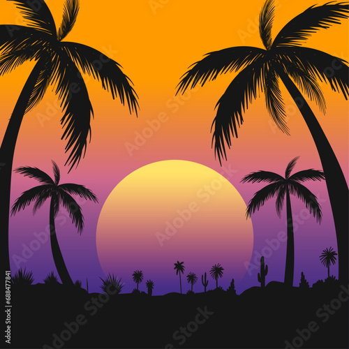 Summer background with palm trees silhouette and sunset