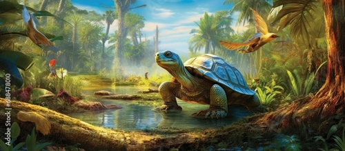 In the heart of the Amazon, a gang of tropical fauna bask under the scorching sun, surrounded by tall grass and the glistening blue water of the swamp. Among them, a majestic reptile, with wise eyes