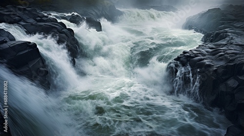 Waves of water of the river and the sea meet each other during high tide and low tide. Whirlpools of the maelstrom photo