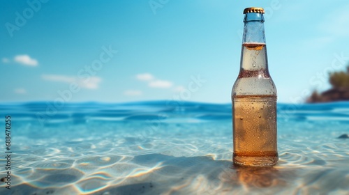 Wet bottle of beer on watter pool in the summer day photo