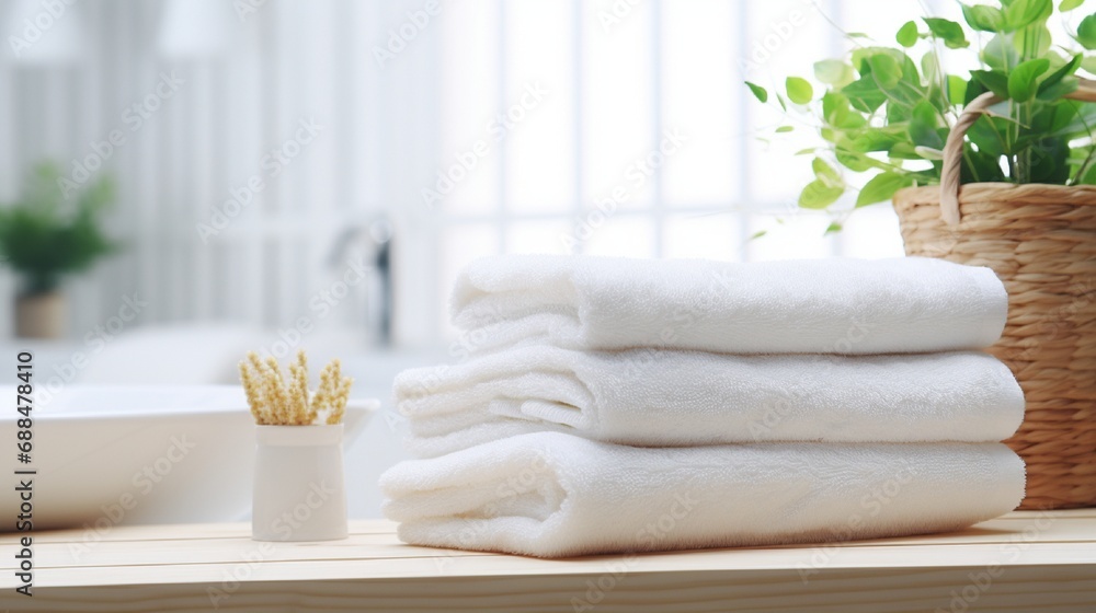 White clean towels on wooden table in bathroom. Space for text White clean towels on wooden table in bathroom. Space for text