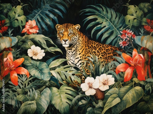 Fototapeta Naklejka Na Ścianę i Meble -  Abstract watercolor pattern wallpaper art. Painting of a lush, colorful jungle landscape with animals like a leopard and tropical leaves. Green rainforest landscape.
