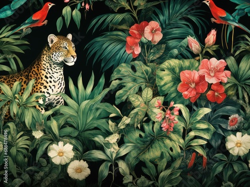 Fototapeta Naklejka Na Ścianę i Meble -  Abstract watercolor pattern wallpaper art. Painting of a lush, colorful jungle landscape with animals like a leopard and tropical leaves. Green rainforest landscape.
