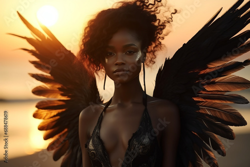 Portrait of a beautiful black angel woman at the beach at sunset