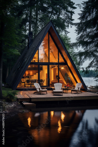 A-frame lake house , aframe cabin isolated on a small lake island photo