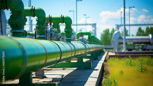 Green hydrogen energy pipeline of green color with industry facility photo