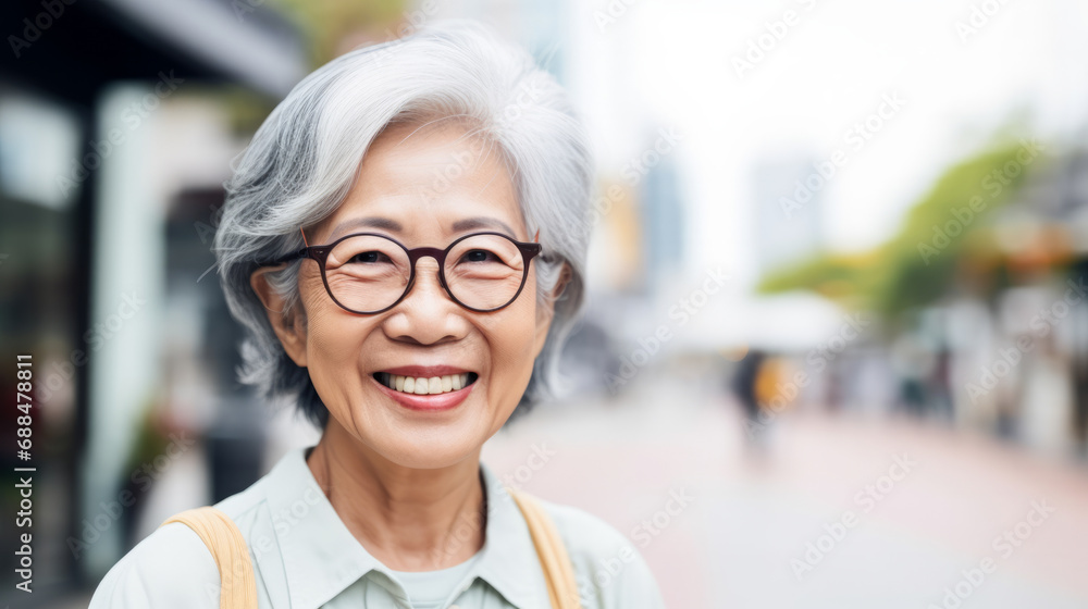 Portrait of an happy elderly asian lady outdoors in street with copy space Portrait of an happy elderly asian lady outdoors in street with copy space