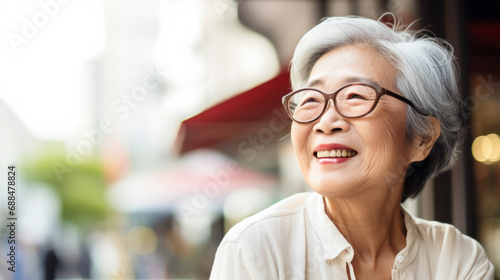 Portrait of an happy elderly asian lady outdoors in street with copy space