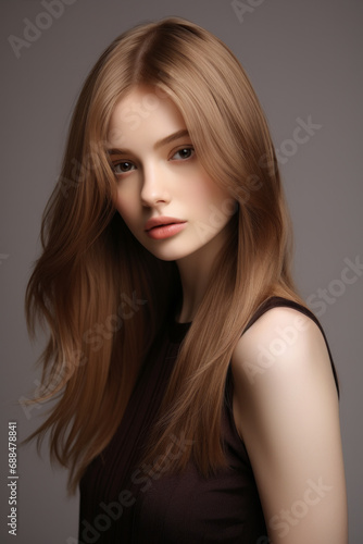 Beautiful young woman model with layered straight hairstyle , emphasizing the playful straight and the adaptability of the straight hair