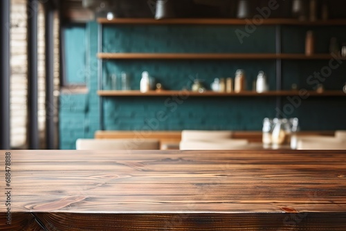 online product your presentation mockup banner counter kitchen wooden perspective left restaurant cafe green people blur background splay top table wood eatery cafes