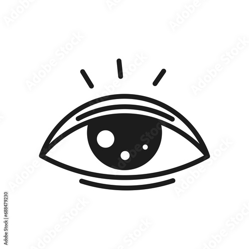 Black eye in doodle style. Trendy hand drawn vision and sight symbol with eyelashes and sparkles. Outline vector illustration on white background