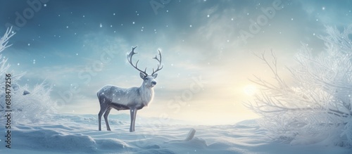 Calm winter deer, crossing a snow-covered landscape under a clear sky.