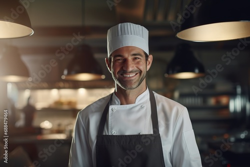 man chef in outfit smiling at work in a professional kitchen photo