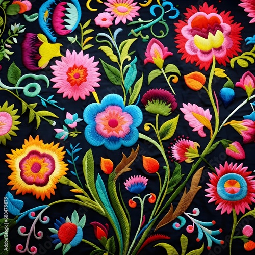 Colorful Embroidered Flowers on Black Background