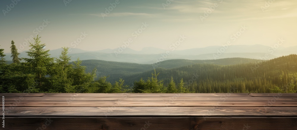 Empty wooden table with blurred green nature in forest background for product mockup Empty wooden table with blurred green nature in forest background for product mockup
