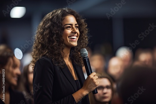 Smiling businesswoman with a microphone at a business conference. Public speaking concept.