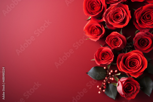 Valentines day background with red roses and hearts on dark brown background © Jioo7