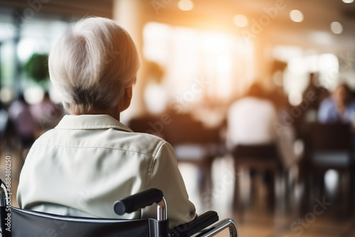 Close up of disabled woman in wheelchair in hospital corridor. Healthcare and medical concept.