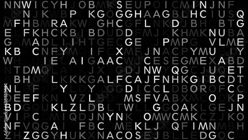 Communication through abstract text composition letters on black background, random letters pattern, and stylish typography texture for modern art and visual communication