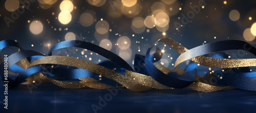 Abstract background with blue gold tinsel or shiny ribbons with bokeh particles. Christmas, New Year 2024 background and texture. Gold foil texture. Holiday concept