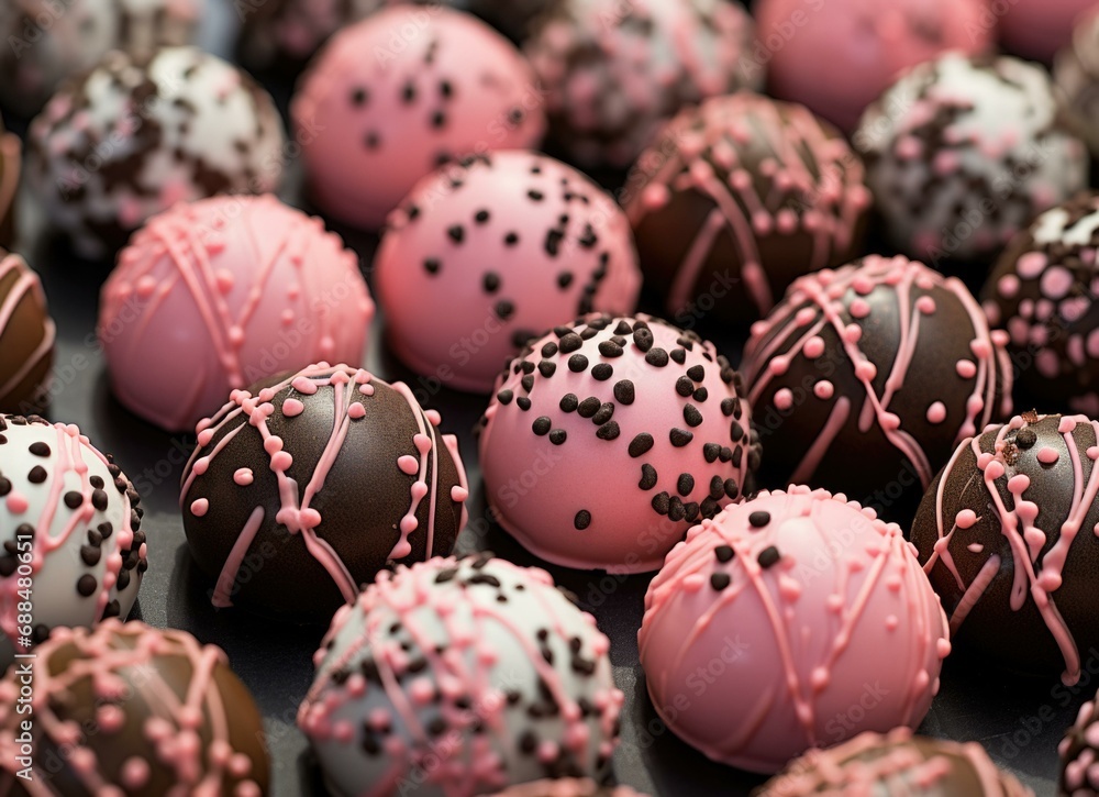 Chocolate truffles with pink and white sprinkles. Generative AI.